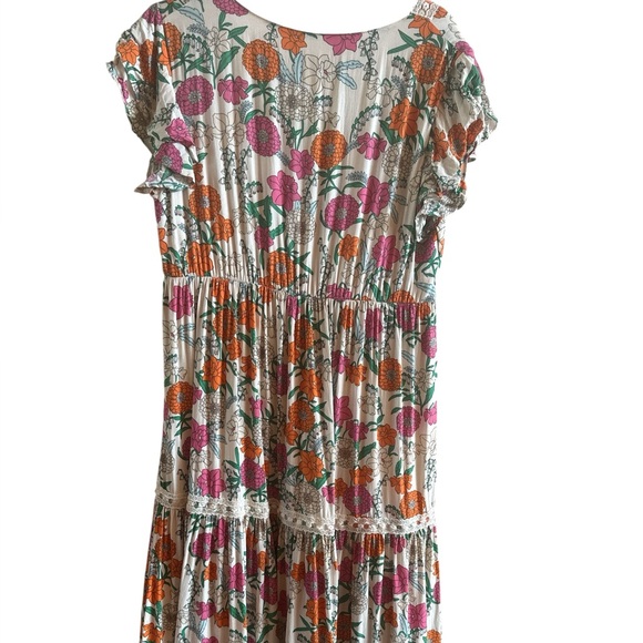 Baevely‎ Woman’s Size Large Boho Tiered Floral Lined Dress Flutter Sleeves Lace - Picture 8 of 13